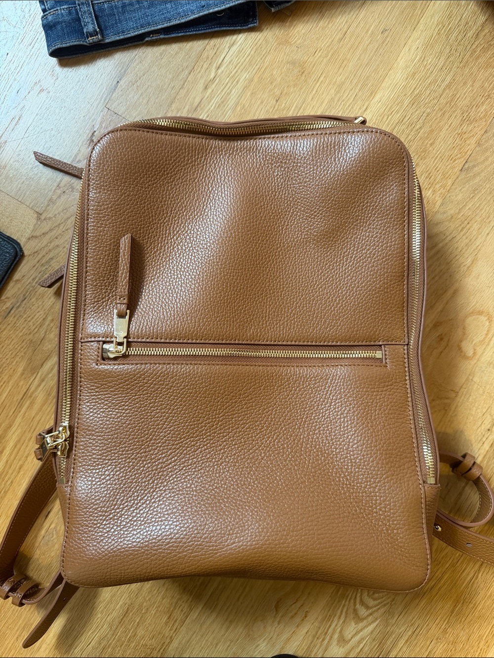 Quince Tan Pebbled Leather Laptop Backpack with Gold Hardware